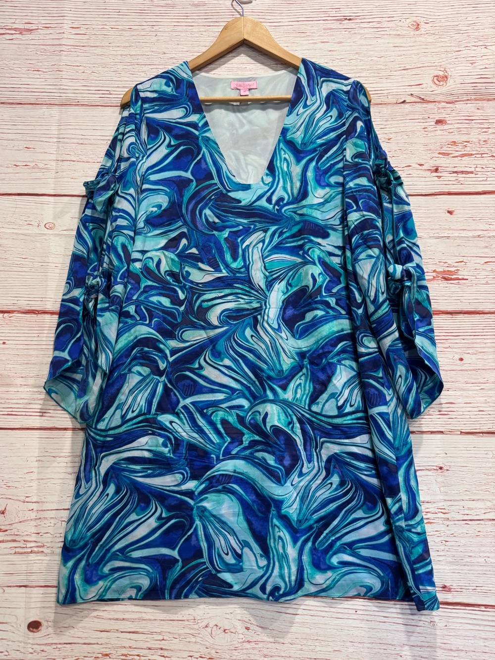 Lilly Pulitzer Avila Stretch Silk Dress in Ikat Blue Ocean Waves Sz M - Picture 6 of 13